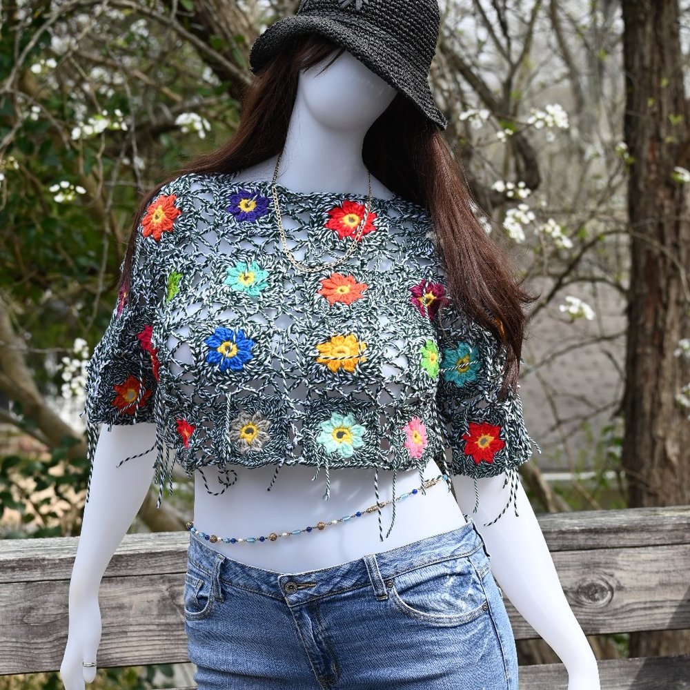 New Boho/garden/flower/new/top/crop/festival/crochet/knit/one size